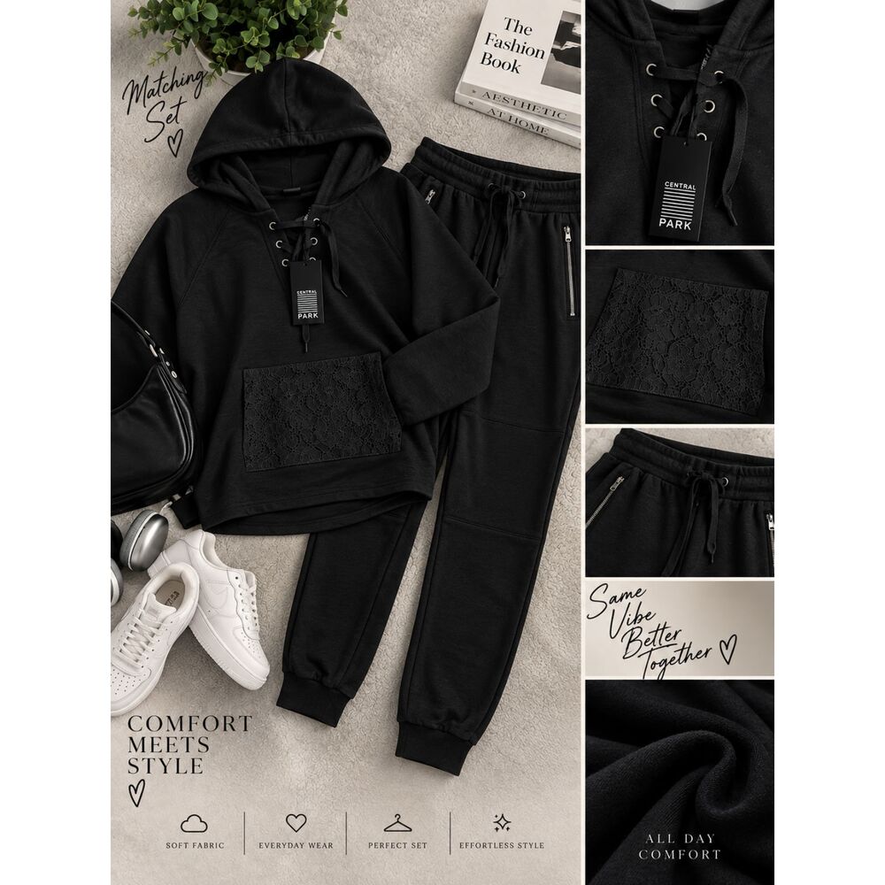 Central Park Women’s 2 Piece Hoodie Jogger Set Black Lace Pocket L NWT